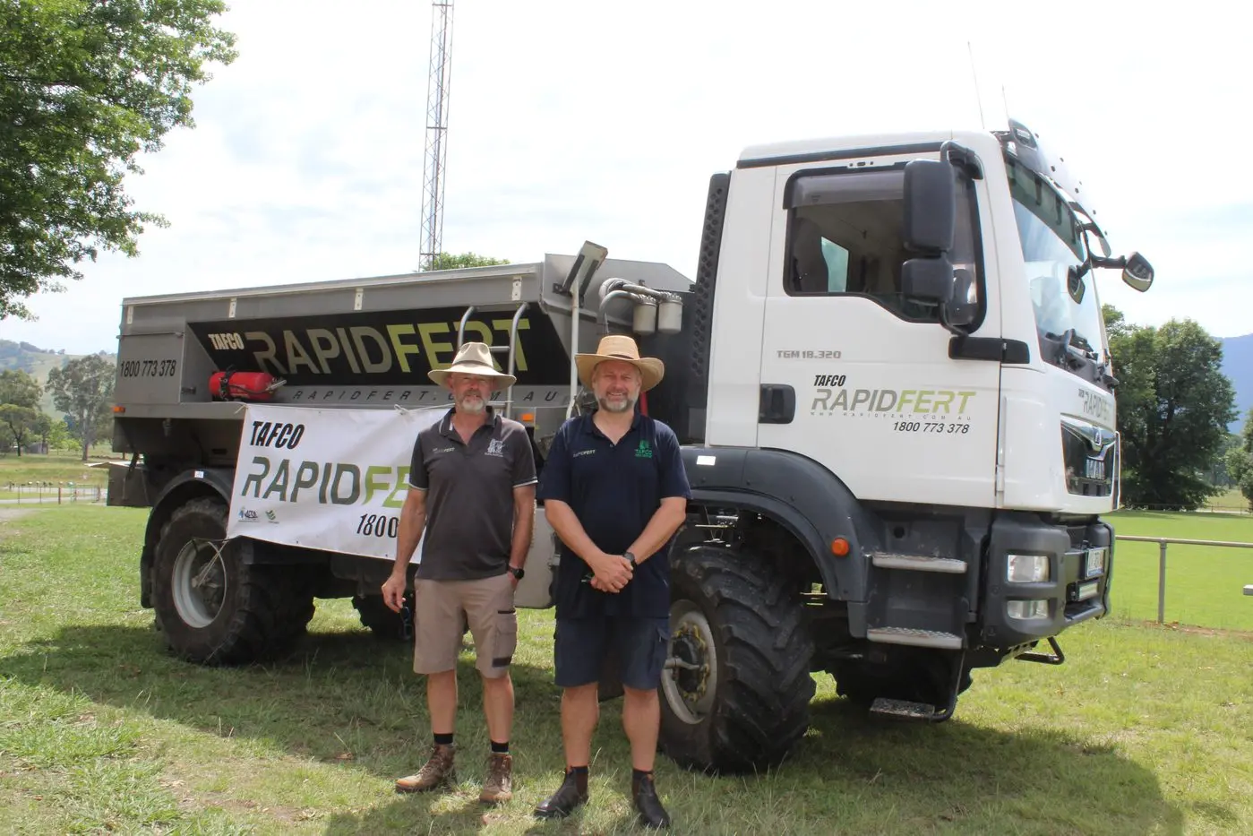 THE RAPIDFERT TRUCK: (From left) Bill Stonnill manager of RapidFert and Rupert Shaw general manager of Tafco Rural Supplies are based in Myrtleford and deliver throughout the Ovens, Kiewa and King Valleys. One aspect of the business is dedicated to sourcing and spreading bulk fertiliser on local farms with the operation servicing the Kiewa Valley all the way up to Mount Beauty and from Myrtleford to Mudgegonga.