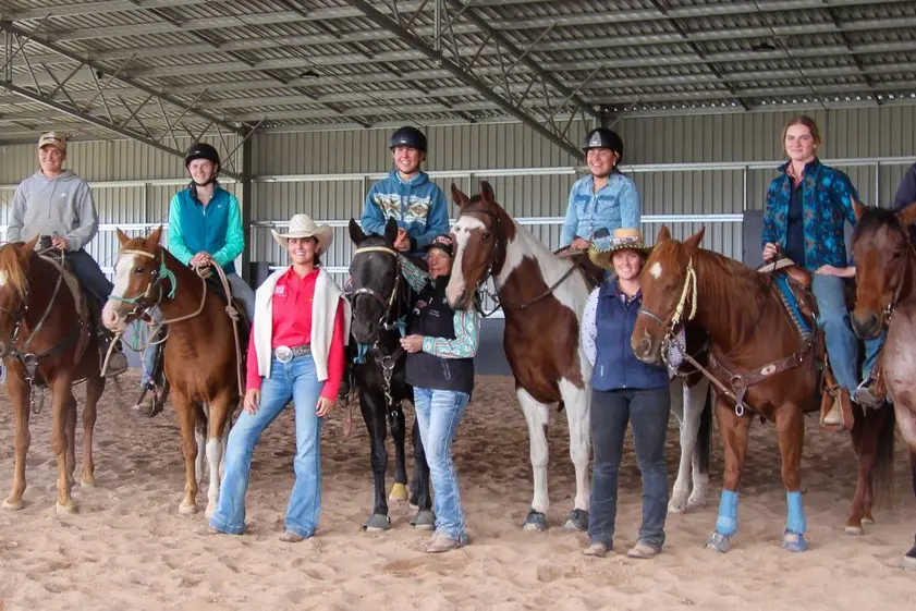 BREAKAWAY: Josie Breasley (left), Jo Falk, Harper Russell, Paris Aldenton, Jess Andrews, instructor Sharon McGuire, Lil Dean, Erin Lee\\u2019Porcher, Leni Defazio and Molly Hearn the roping clinic at the High Country Arena. PHOTOS: Lynn Elder 