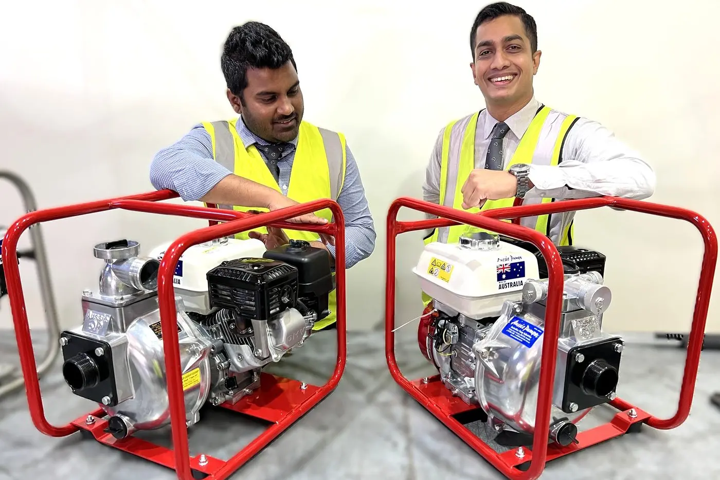 ON DISPLAY: The Aussie Pumps team showcase fire pump options with \\u201CThe Whopper\\u201D Fire Chief QP205SEHF/GX200 on the left and  \\u201CThe Imposter\\u201D Fire Chief QP205SX/GX160 on the right.