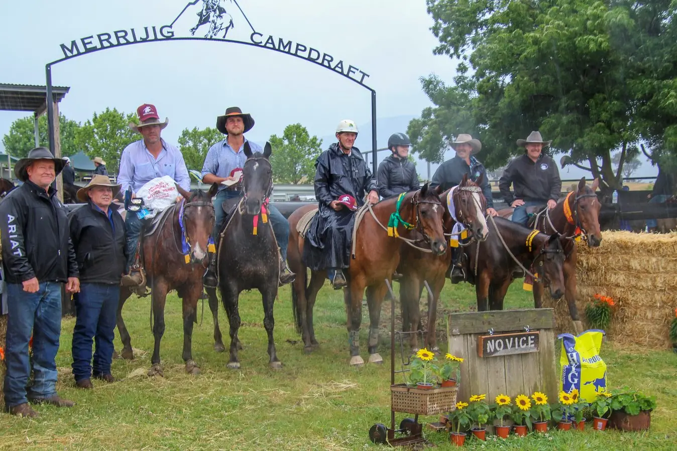 NOVICE FEATURE: Ash Sheahan riding Hunter View Colorado (left) was the winner of the prize money and buckle with other placegetters Nathan Parker on Smooth and Classy, Brett Thomas on Time to Shine, Shane Allan on Bella, Darren Jewell on Mewburn No Advice and Paige Kennedy on Kerriki Clockwork. Also pictured judge Adam Parker and sponsor Ralph Nemeth. PHOTO: Lynn Elder