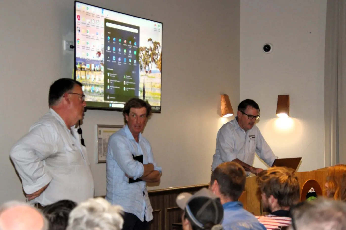 DROUGHT TALK: Dr John Webb-Ware (left), Mark Ritchie and Lachlan McKenzie up front at the VFF presentation in Mansfield on May 14. PHOTO: Lynn Elder