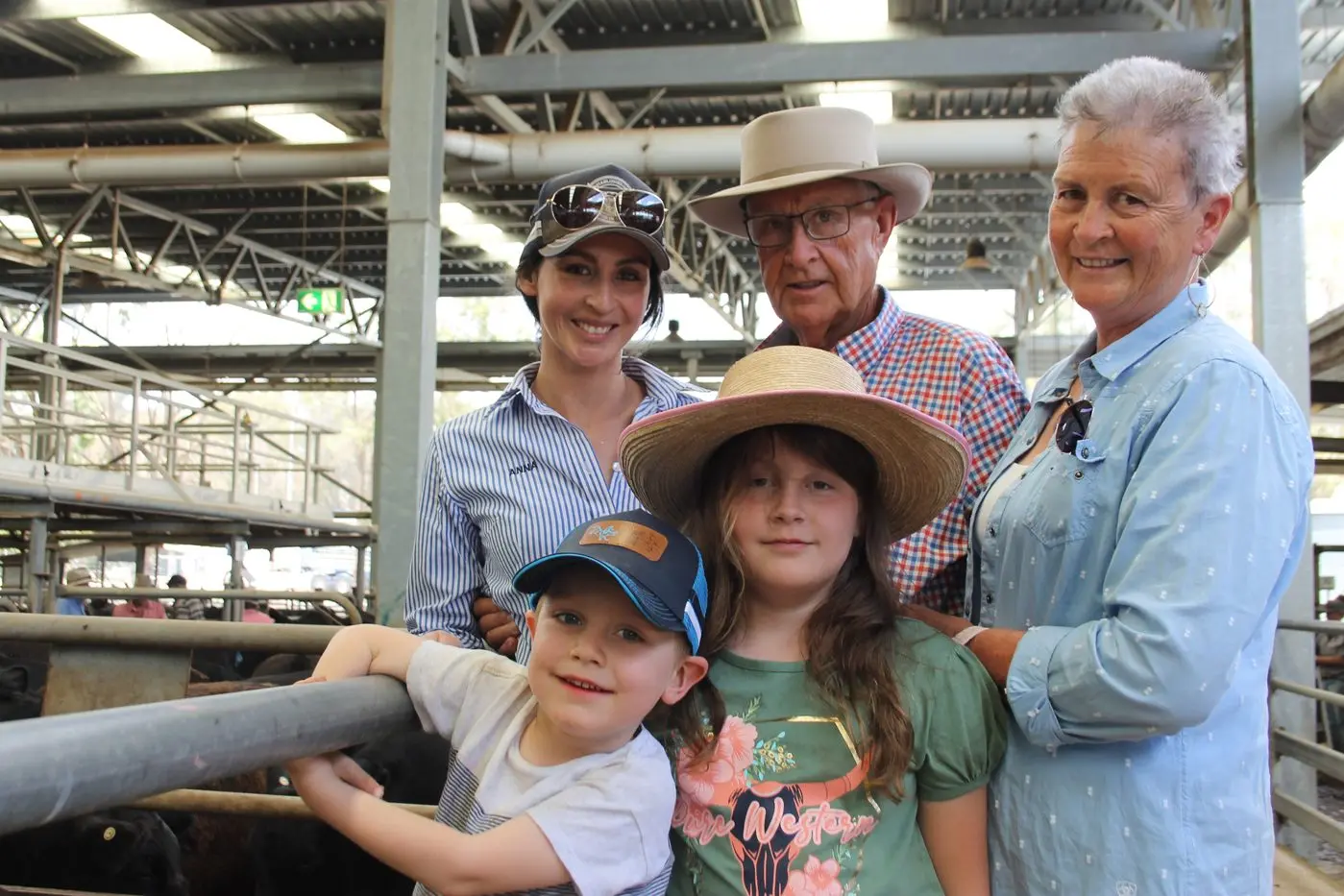 EARLY SALE: Anna Bewley (left) from Bellaspur Angus with parents Stuart and Trisha Brewley and young Wyatt and Milly Sessions supported some of their client vendors selling at the Angus weaner feature sale to kick off the 2024 year.